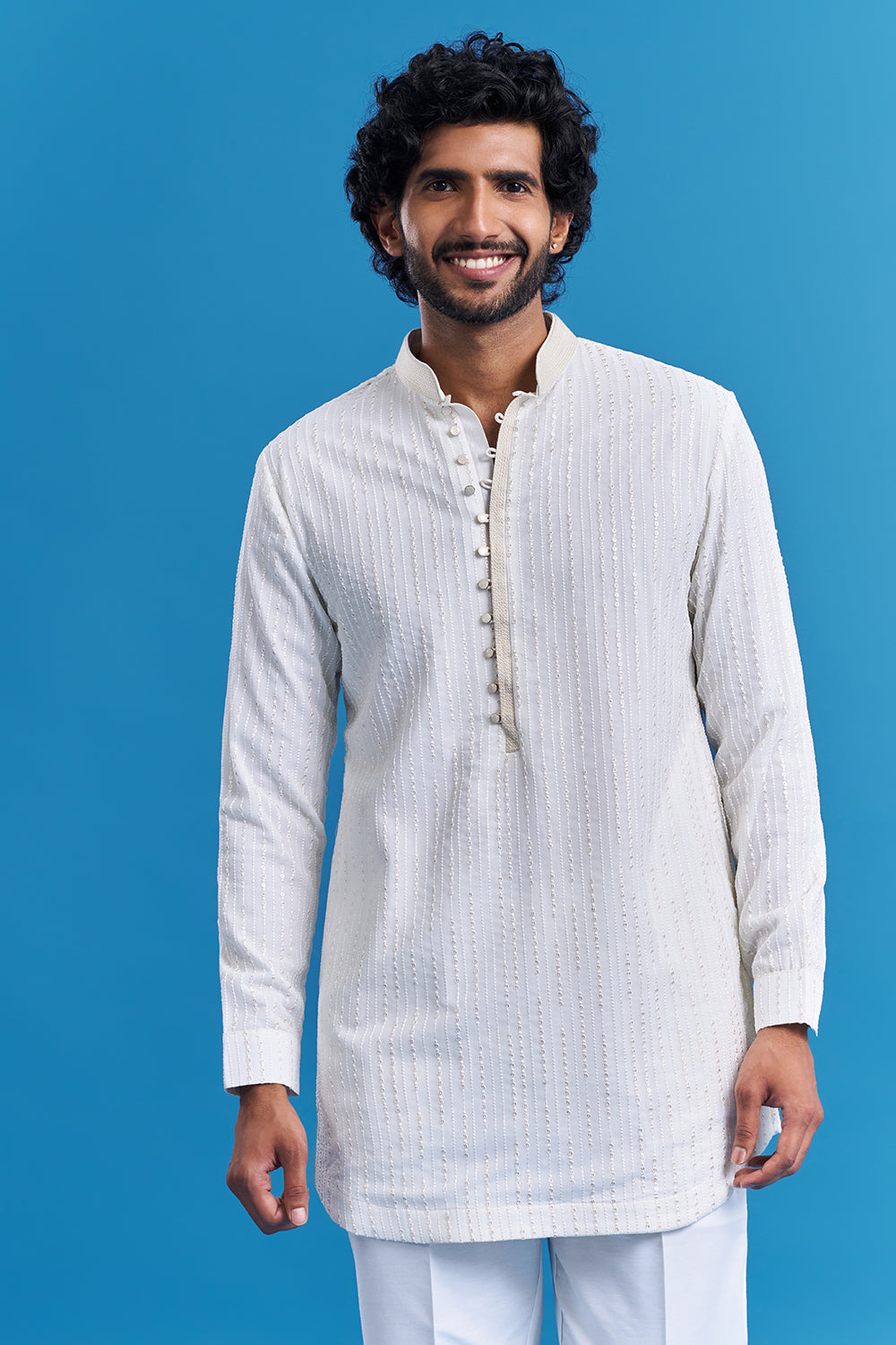 Ivory White Geometric Embroidered Men's Indo-Western Set