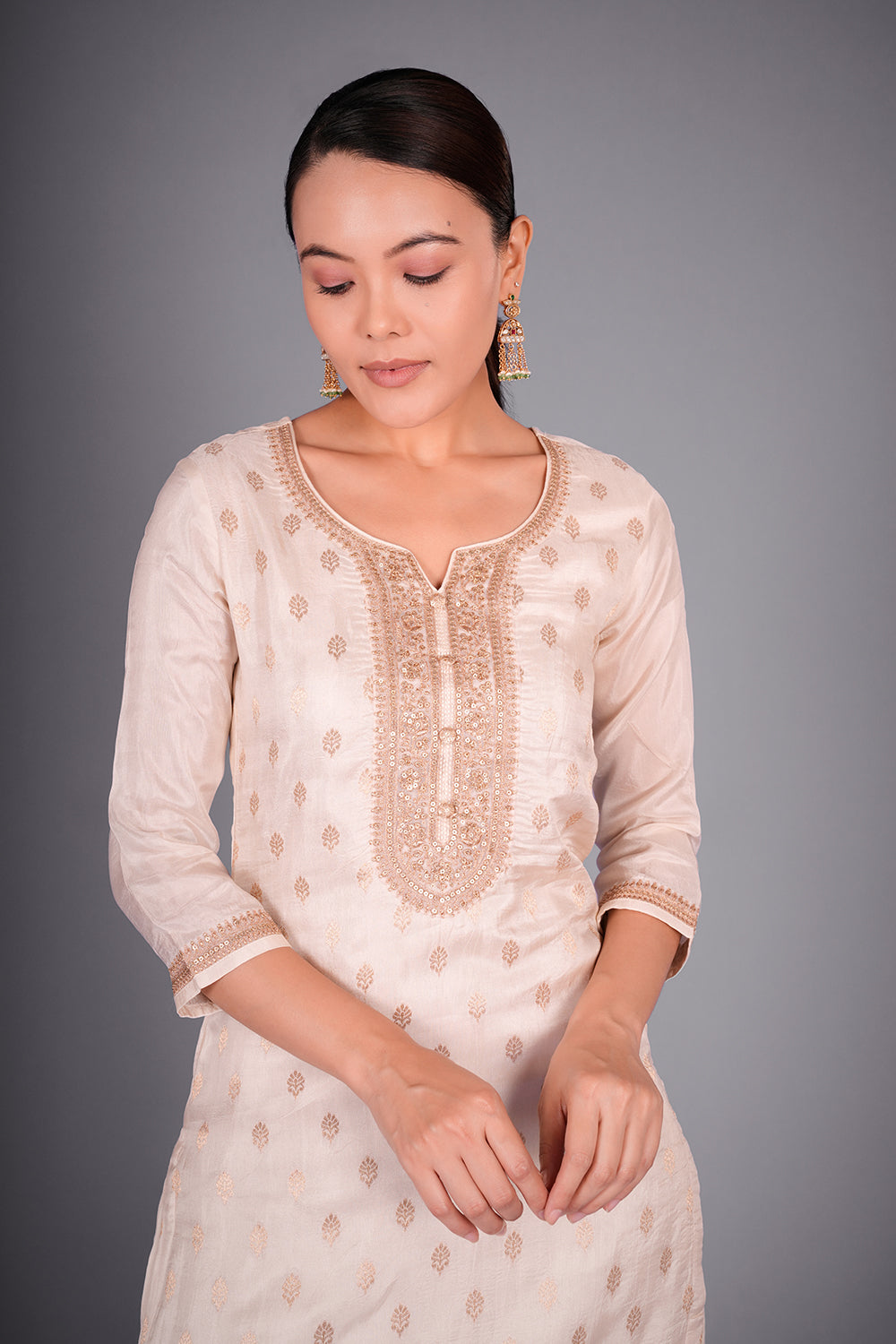 Ivory Zari Buti Kurta Set with Gold Zari Work and Scalloped Borders