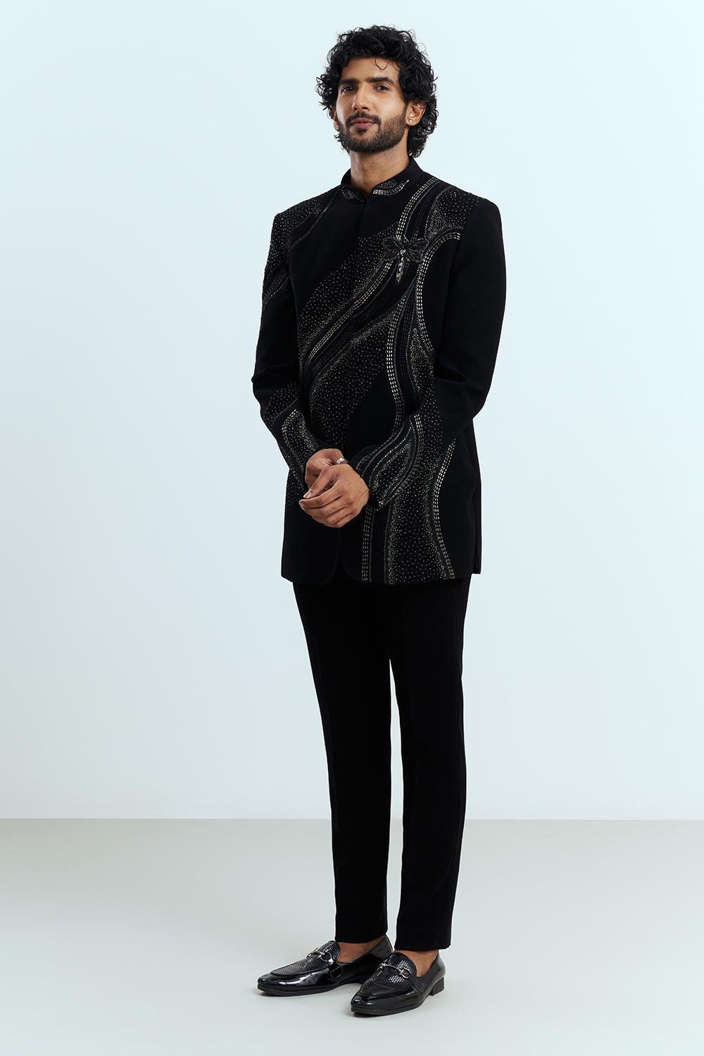 Jet Black Crystal Embellished Indo-Western Men's Suit Set