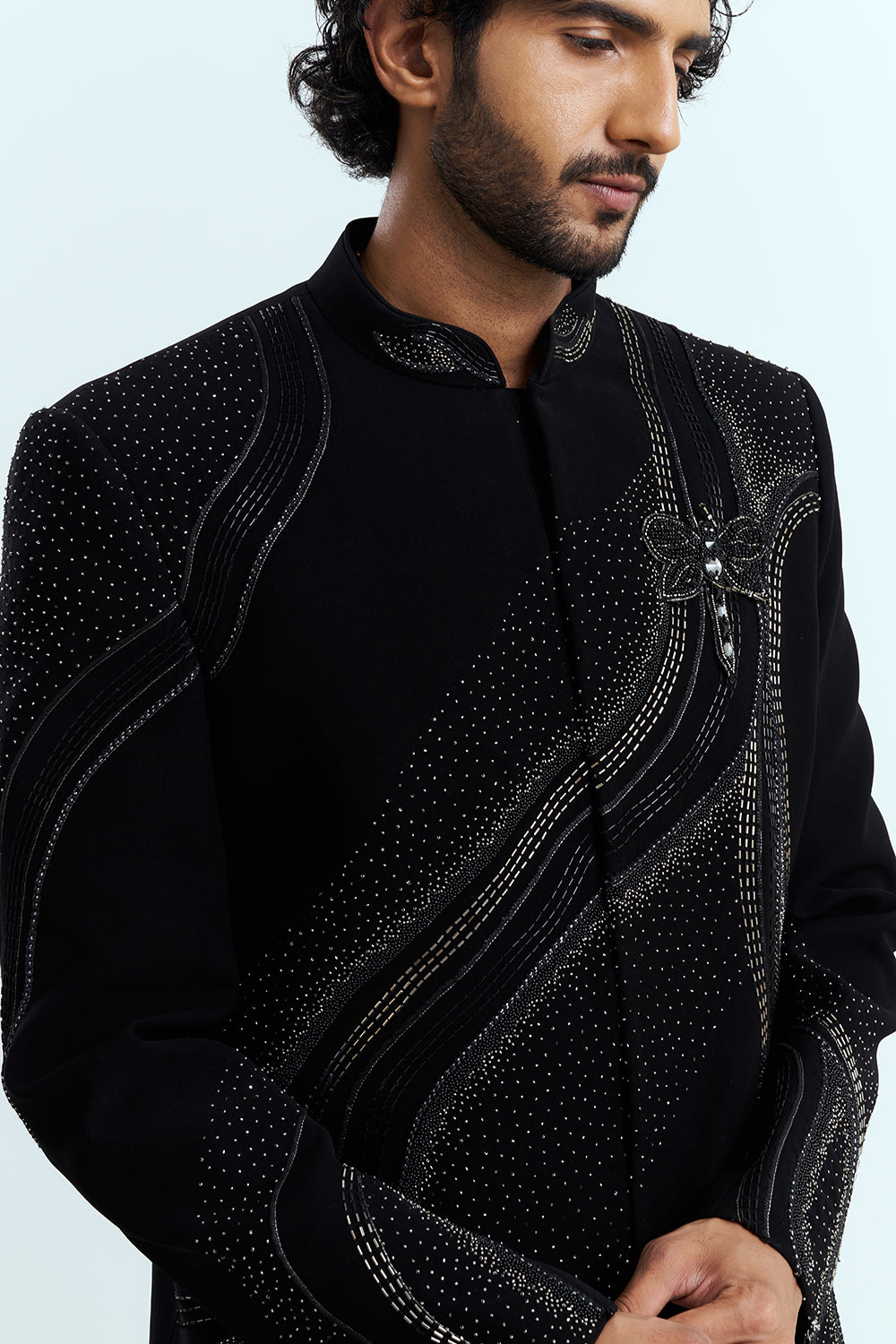 Jet Black Crystal Embellished Indo-Western Men's Suit Set