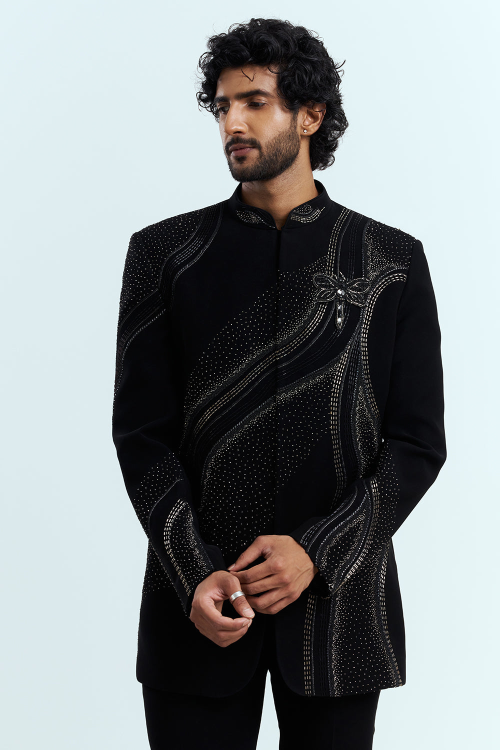 Jet Black Crystal Embellished Indo-Western Men's Suit Set