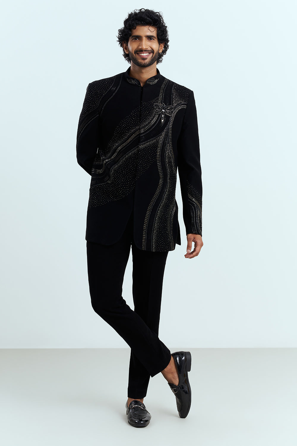 Jet Black Crystal Embellished Indo-Western Men's Suit Set