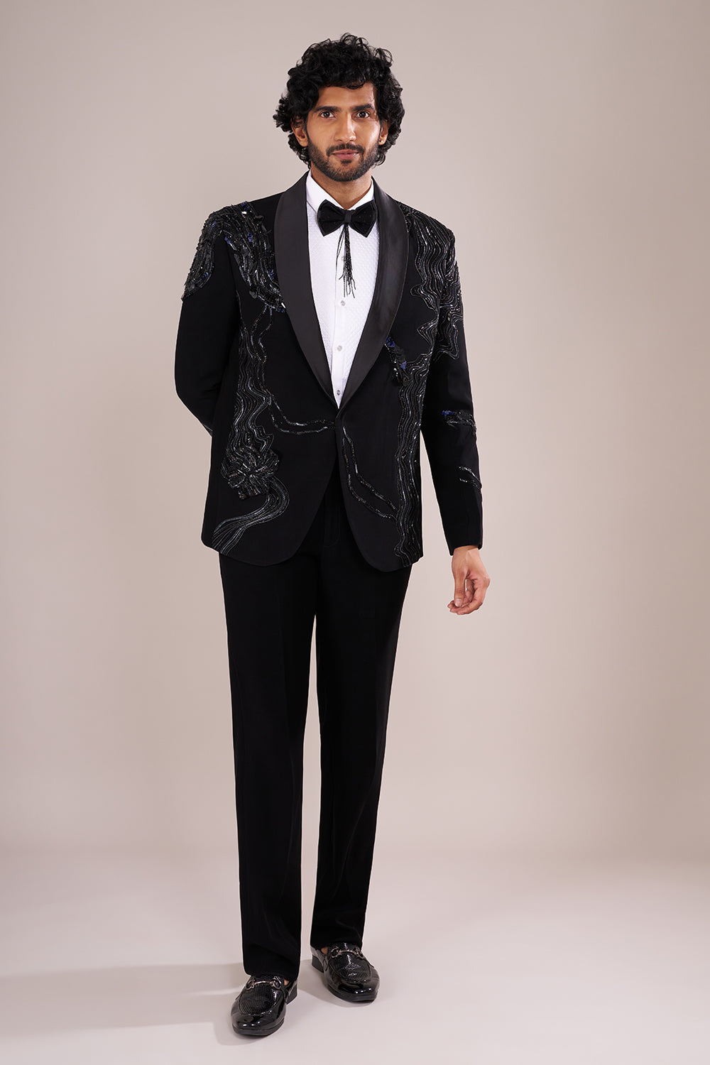Jet Black Men's Embellished Tuxedo Suit Set