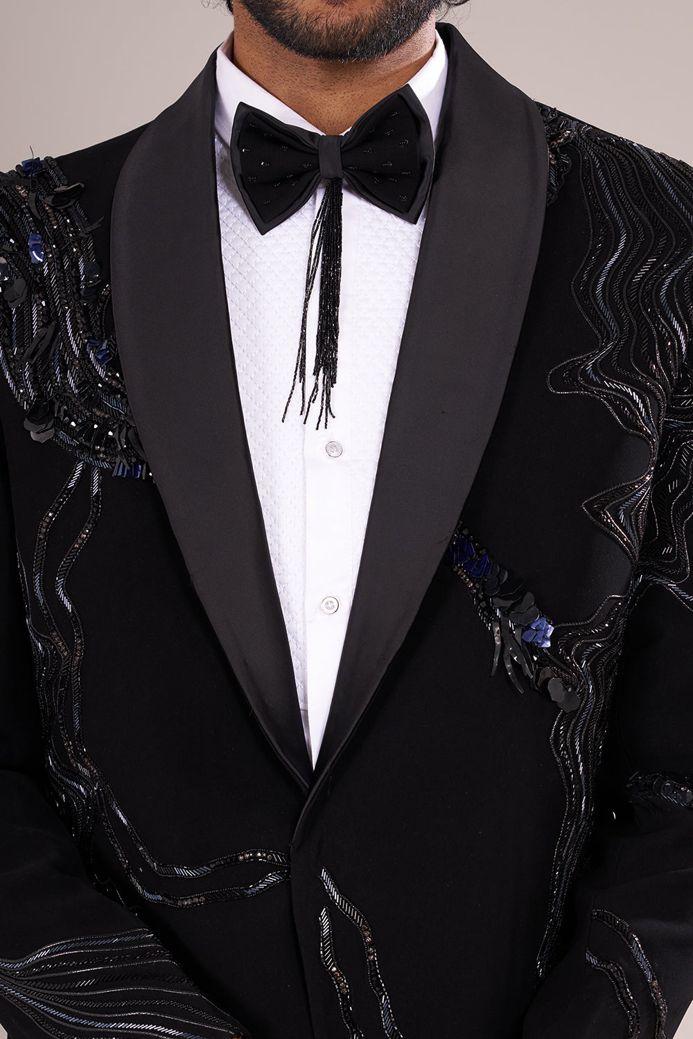 Jet Black Men's Embellished Tuxedo Suit Set