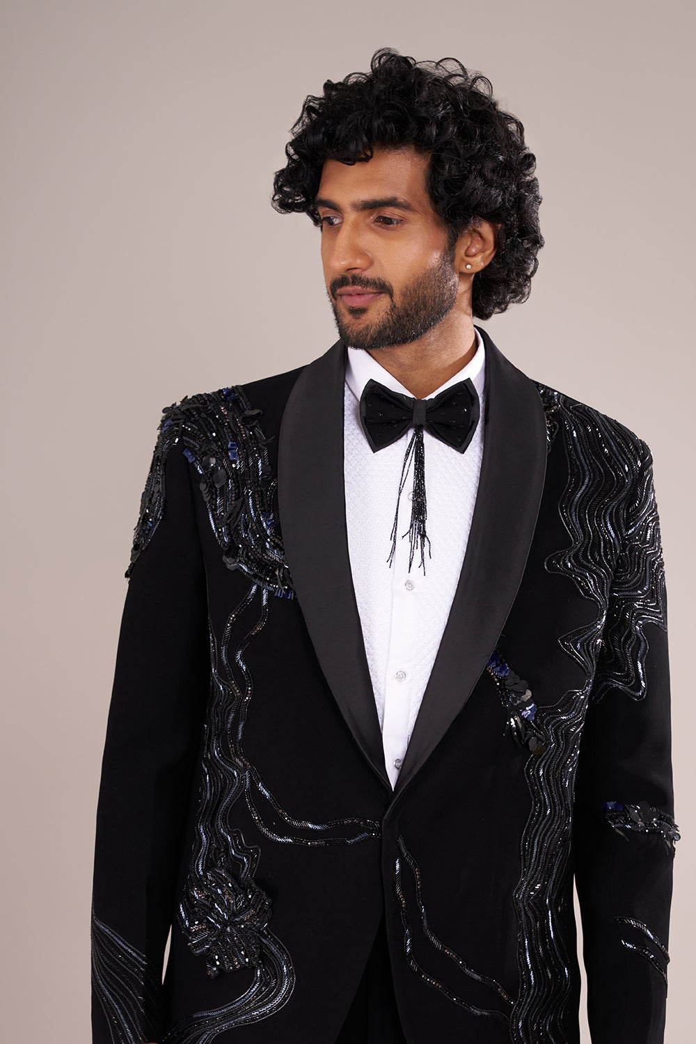 Jet Black Men's Embellished Tuxedo Suit Set