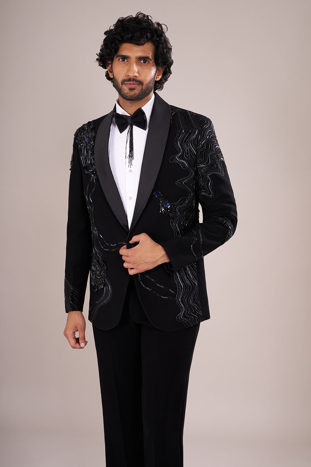 Jet Black Men's Embellished Tuxedo Suit Set