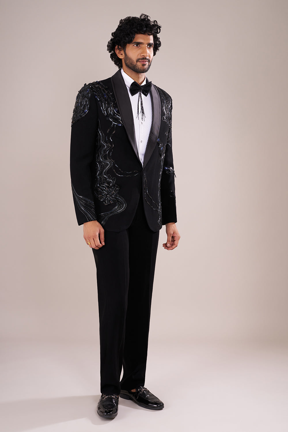 Jet Black Men's Embellished Tuxedo Suit Set