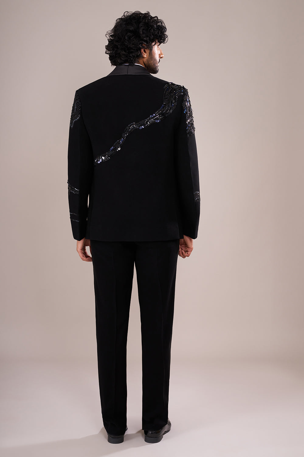 Jet Black Men's Embellished Tuxedo Suit Set