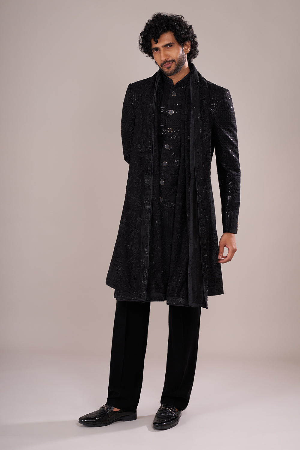 Jet Black Men's Silk Blend Indo-Western Set with Embroidered Stole
