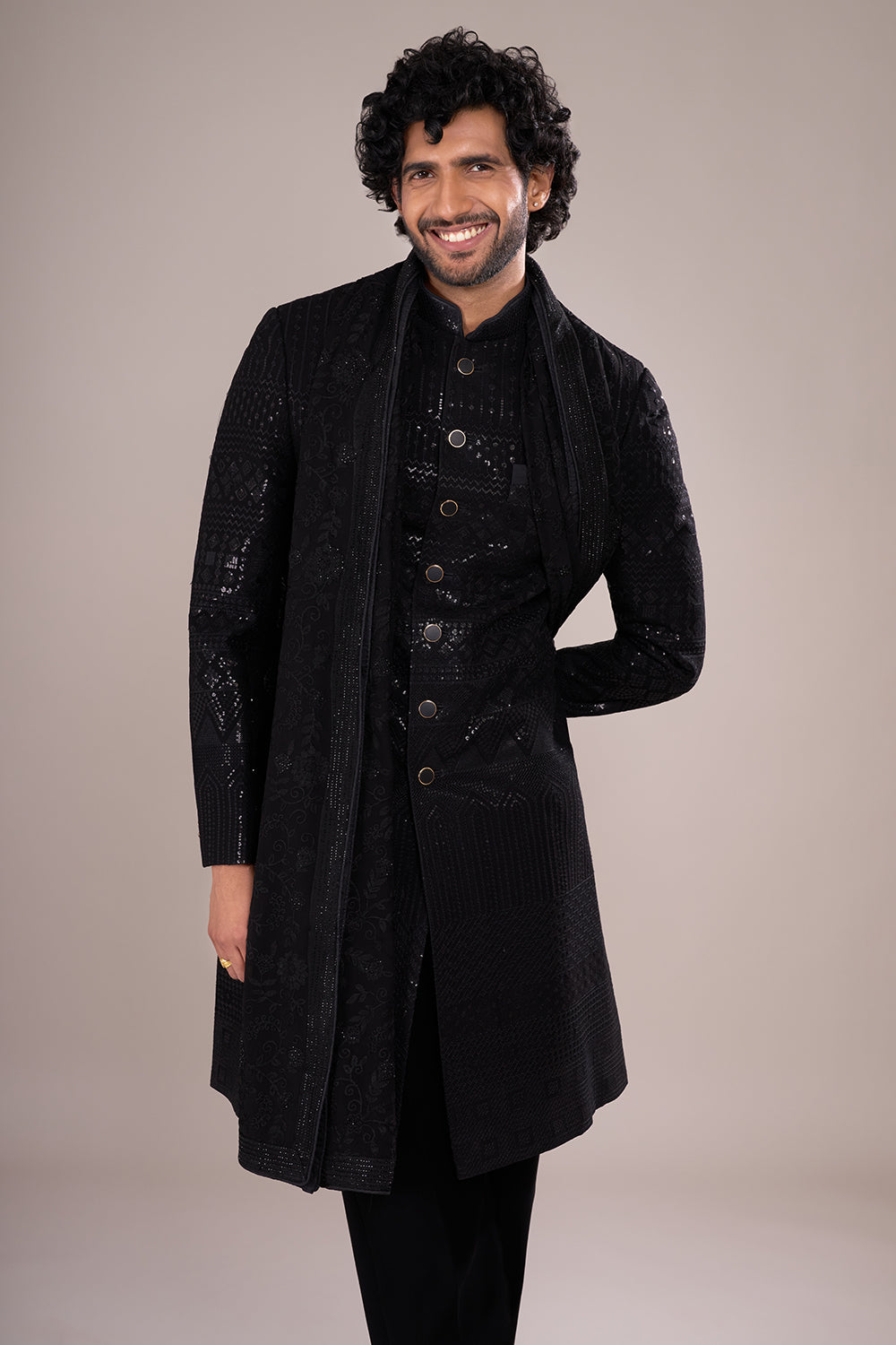 Jet Black Men's Silk Blend Indo-Western Set with Embroidered Stole