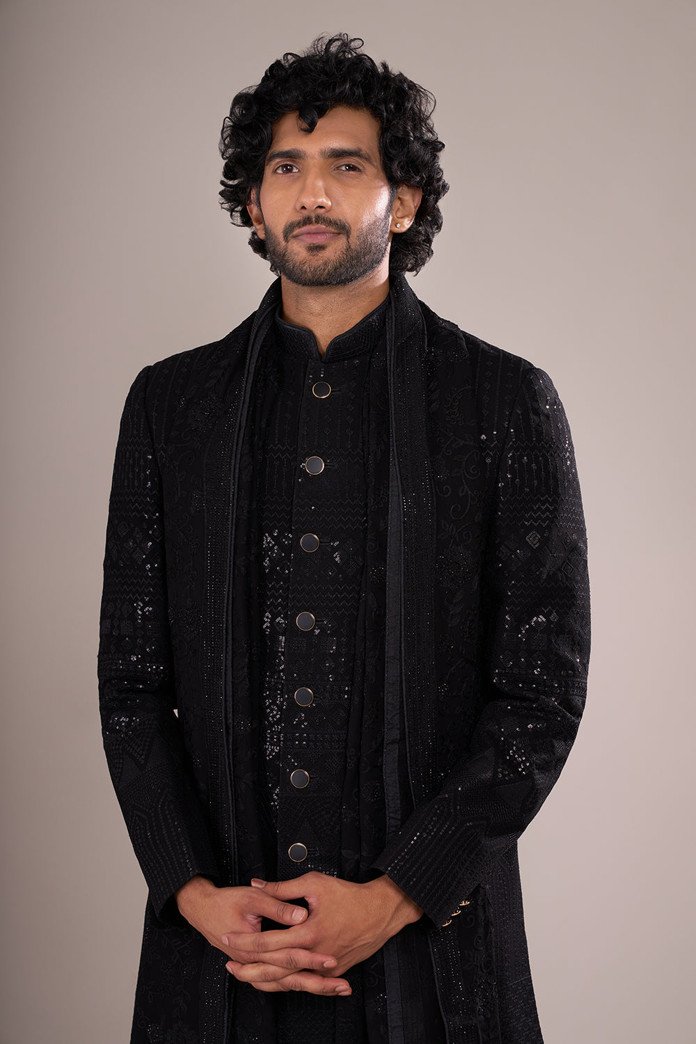 Jet Black Men's Silk Blend Indo-Western Set with Embroidered Stole