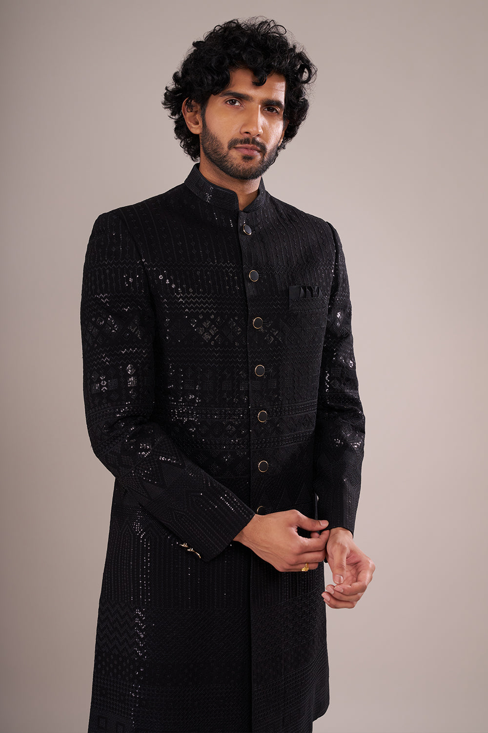 Jet Black Men's Silk Blend Indo-Western Set with Embroidered Stole
