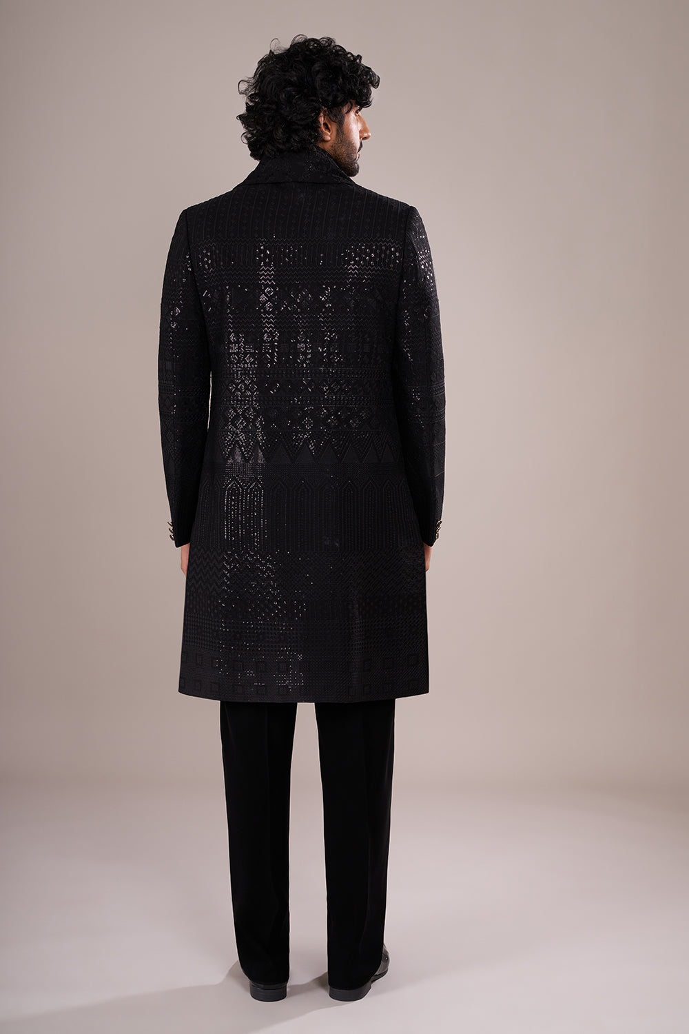 Jet Black Men's Silk Blend Indo-Western Set with Embroidered Stole