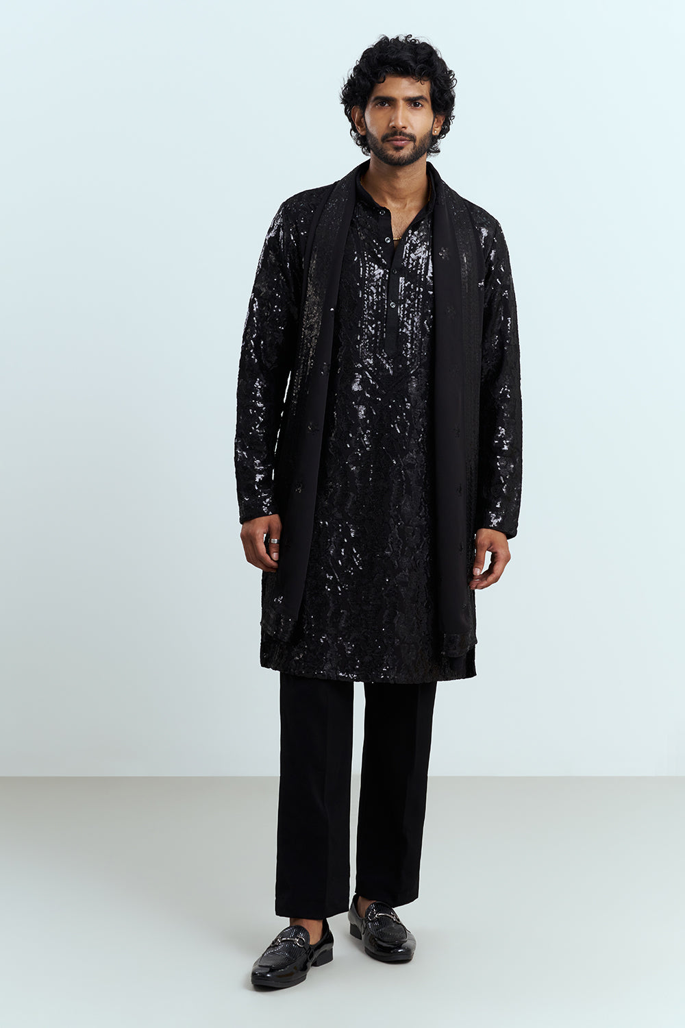 Jet Black Sequinned Men's Kurta Set