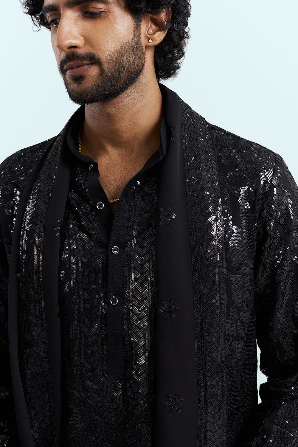 Jet Black Sequinned Men's Kurta Set