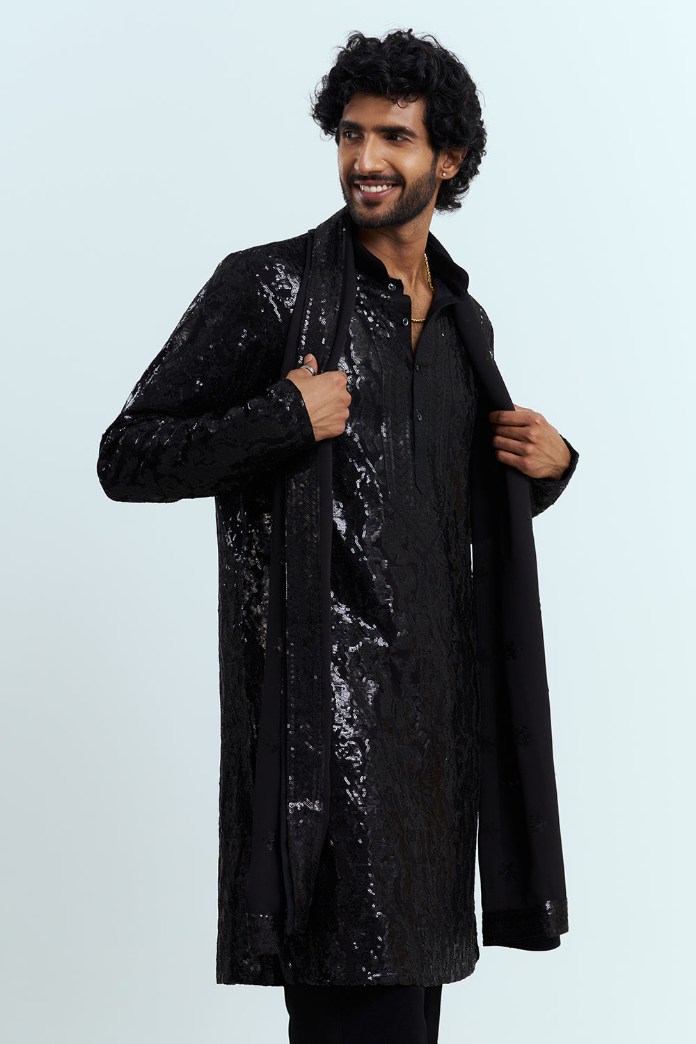 Jet Black Sequinned Men's Kurta Set