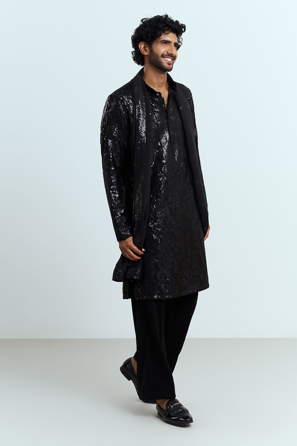 Jet Black Sequinned Men's Kurta Set