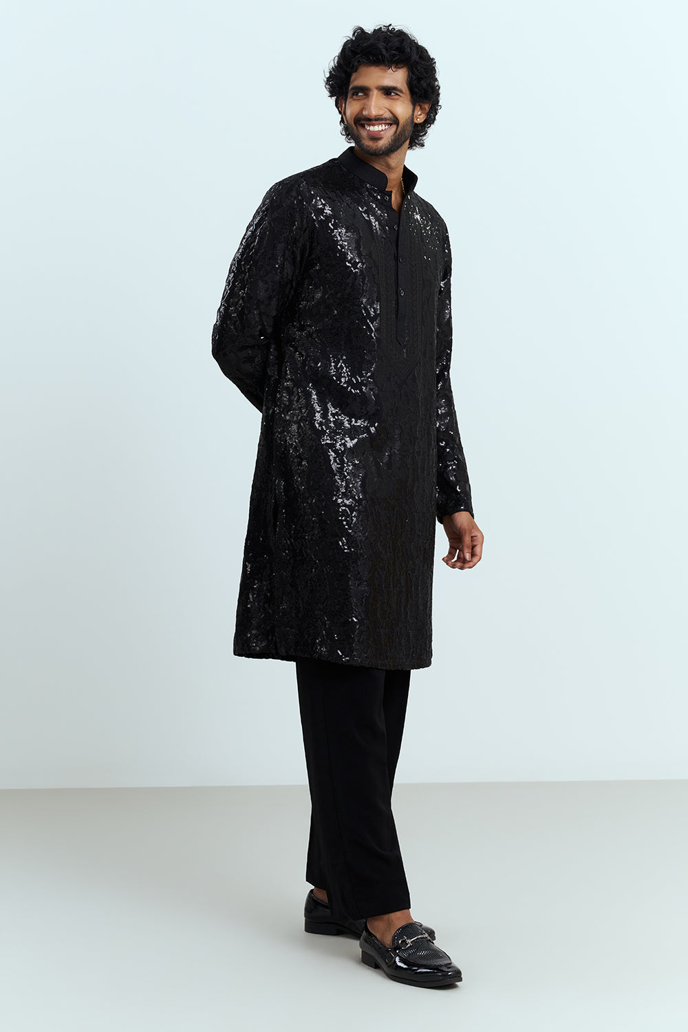 Jet Black Sequinned Men's Kurta Set