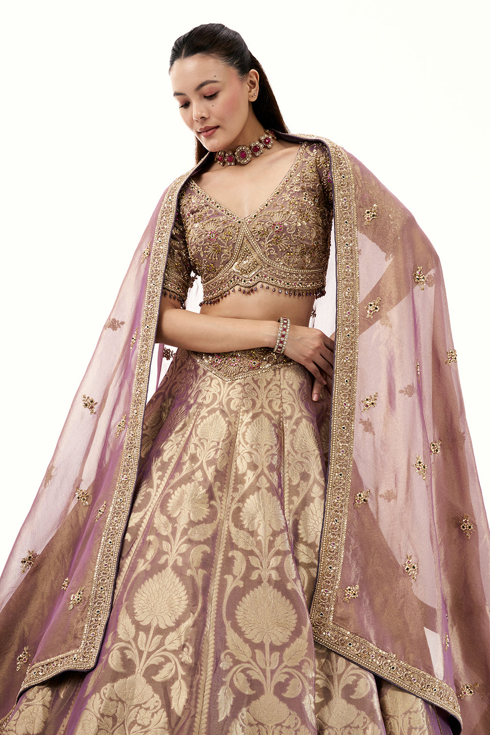 Lavendar Brocade Silk Lehenga with Golden Zari Embroidery