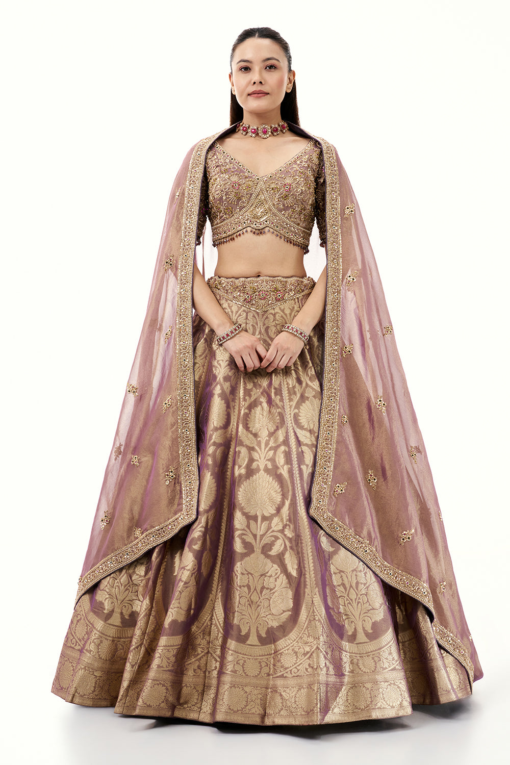 Lavendar Brocade Silk Lehenga with Golden Zari Embroidery