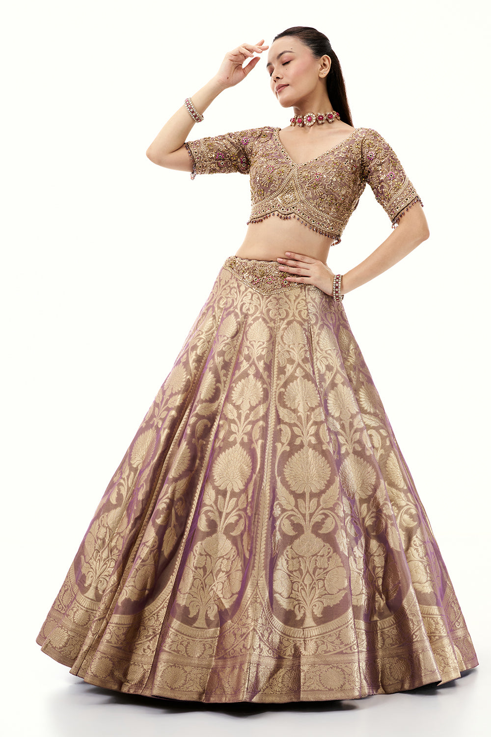 Lavendar Brocade Silk Lehenga with Golden Zari Embroidery
