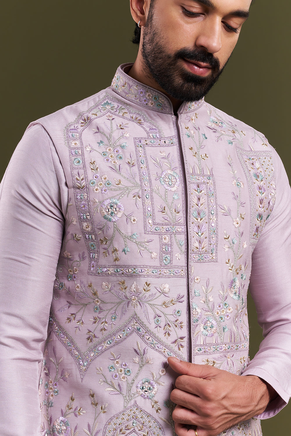 Lavender Art Silk Embellished Men's Kurta with Jacket