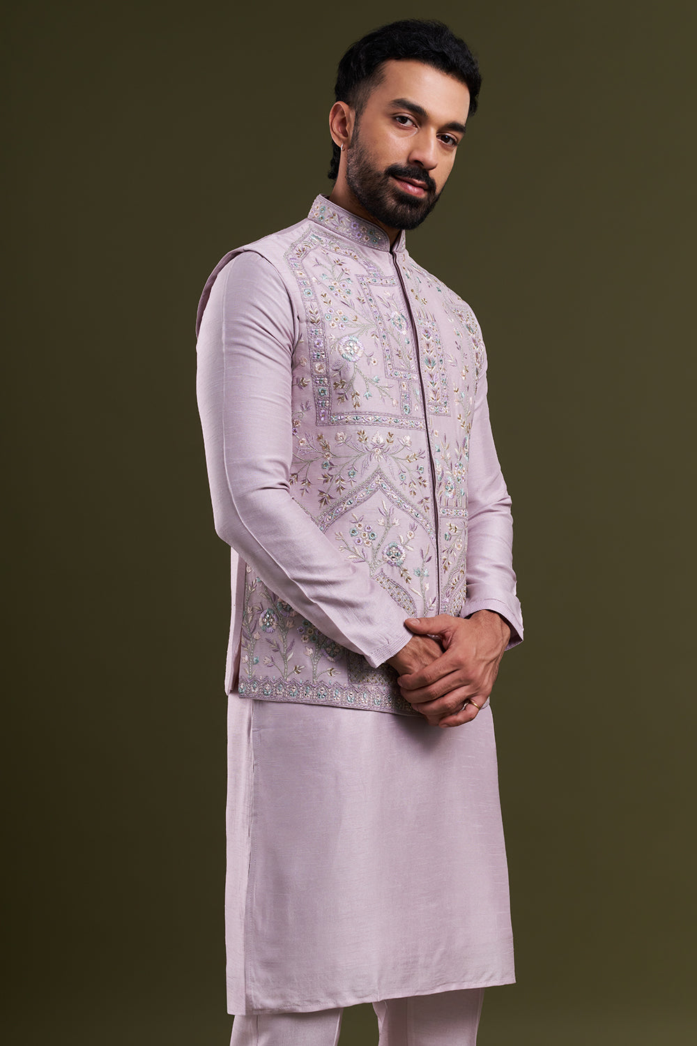 Lavender Art Silk Embellished Men's Kurta with Jacket