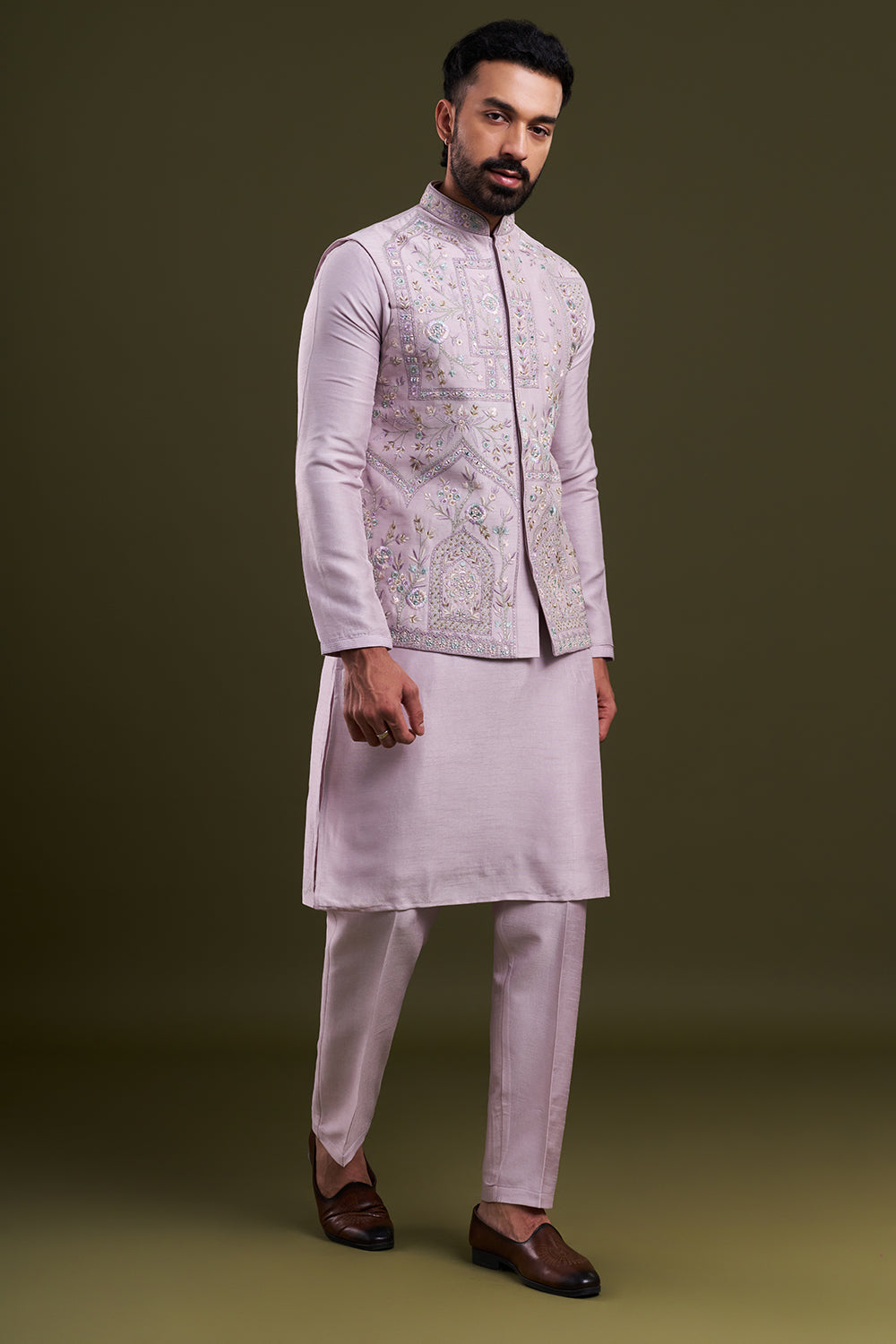 Lavender Art Silk Embellished Men's Kurta with Jacket