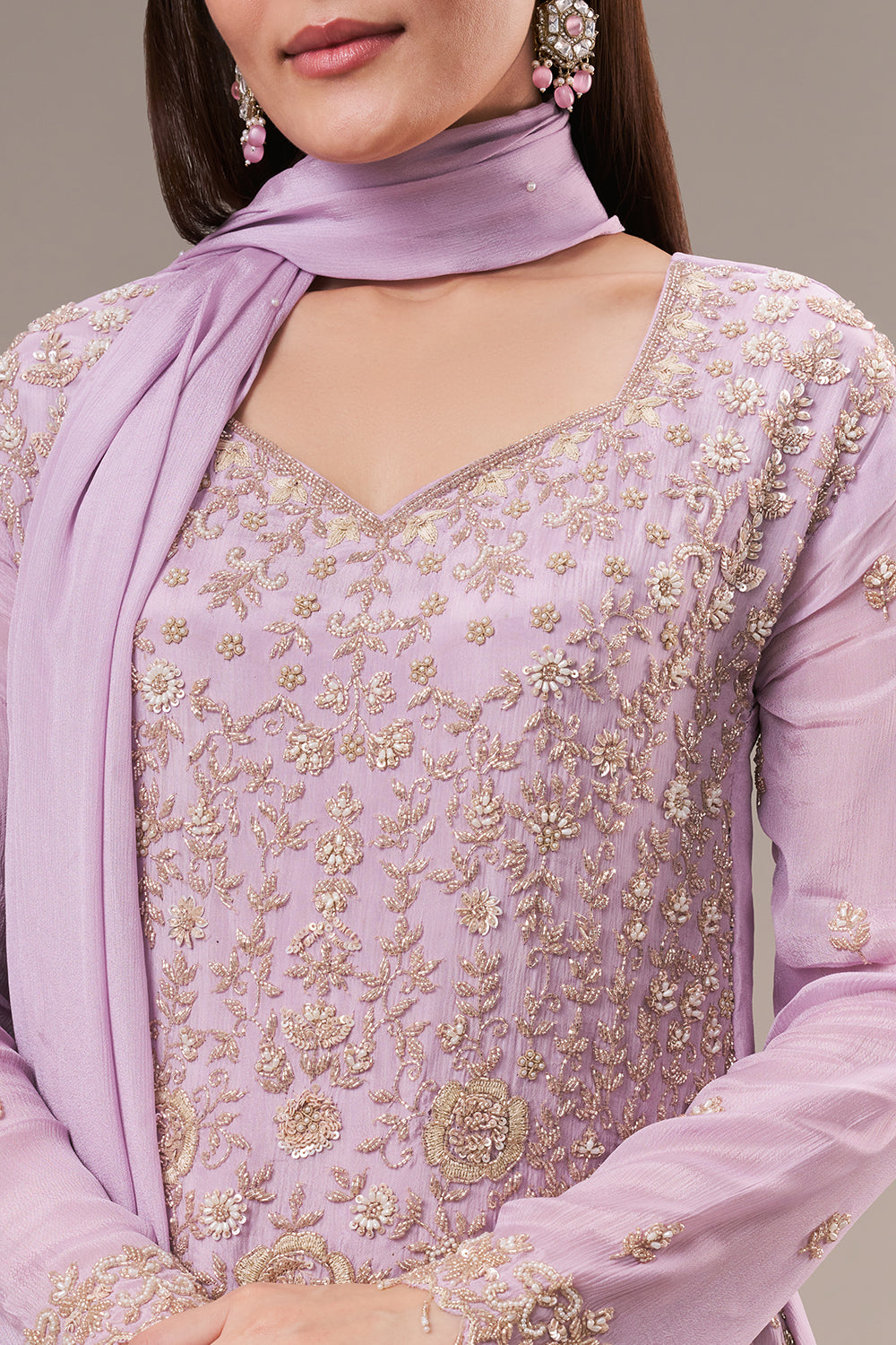 Lavender Chinon Palazzo Suit with Pearl and Zardosi Work