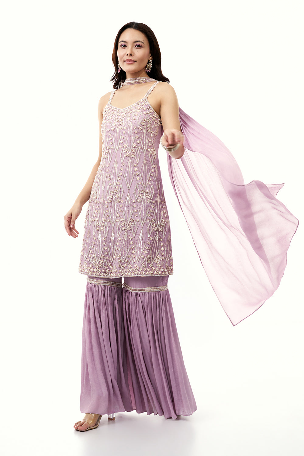 Lavender Chinon Sharara Set with Moti and Cutdana Work