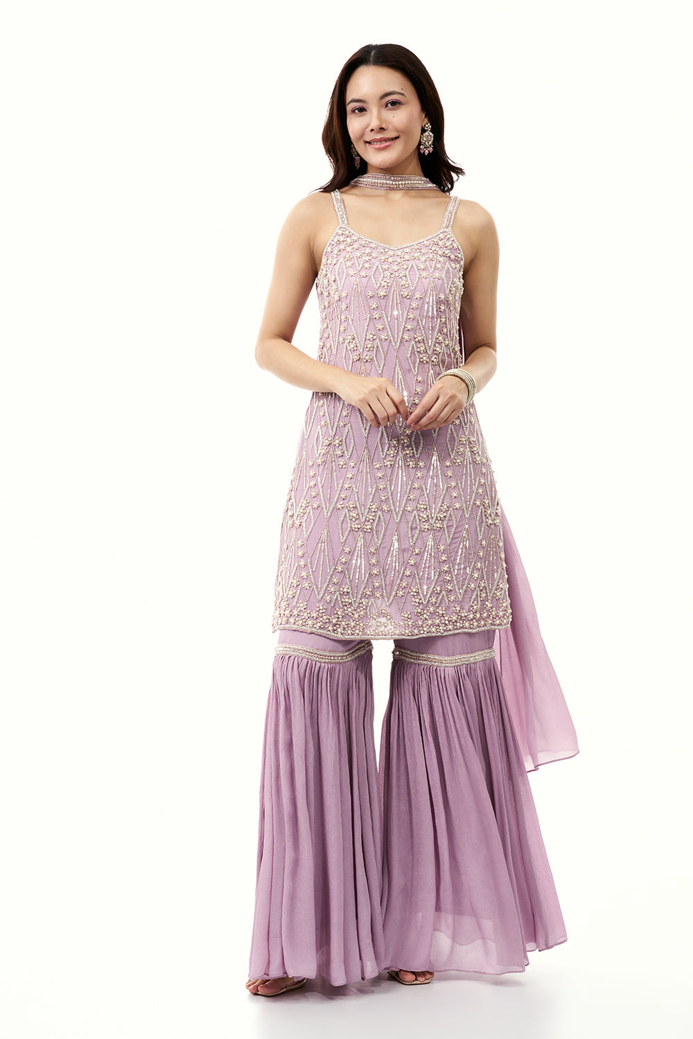 Lavender Chinon Sharara Set with Moti and Cutdana Work