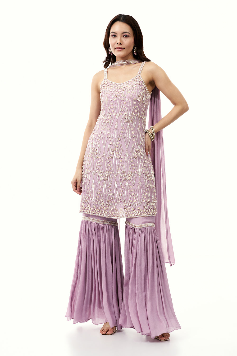 Lavender Chinon Sharara Set with Moti and Cutdana Work