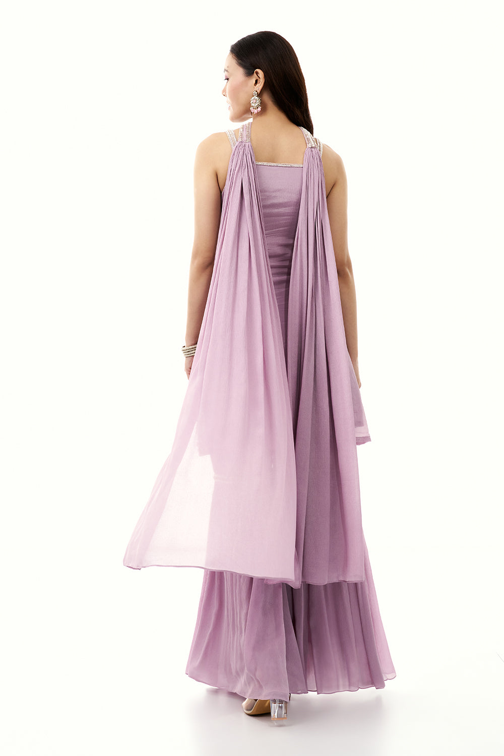 Lavender Chinon Sharara Set with Moti and Cutdana Work
