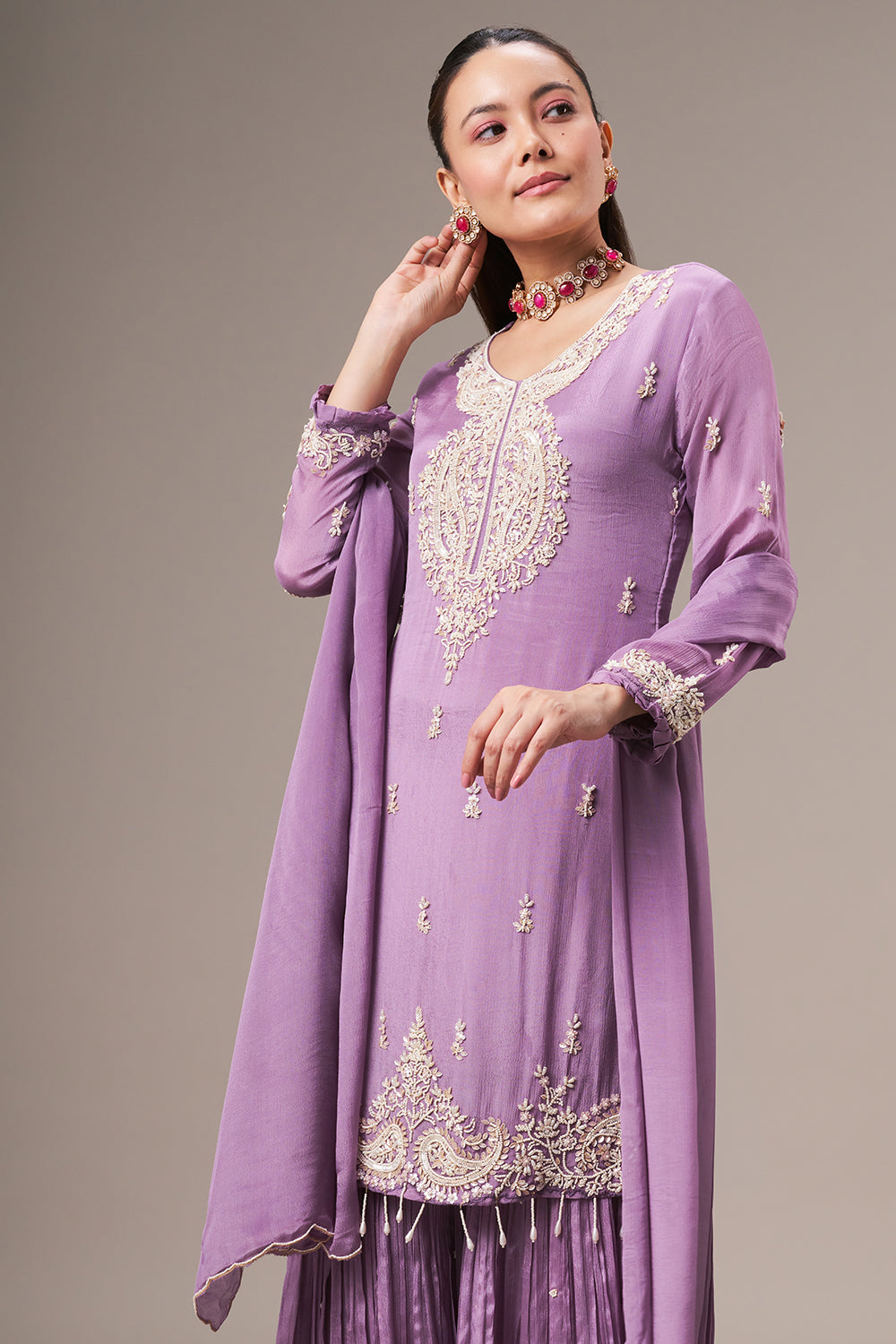 Lavender Chinon Sharara Suit with Pearl and Sequin Work