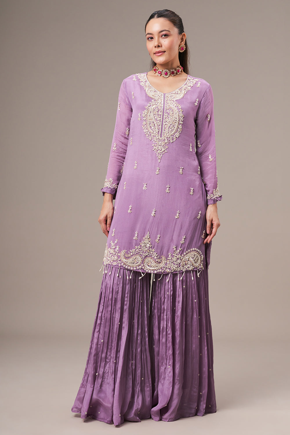 Lavender Chinon Sharara Suit with Pearl and Sequin Work