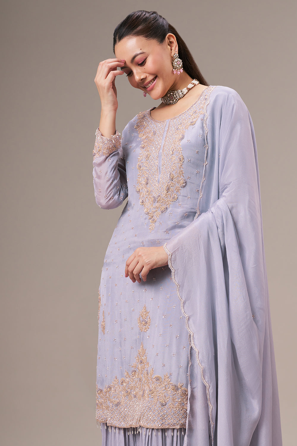 Lavender Chinon Sharara Suit with Resham and Cutdana Work