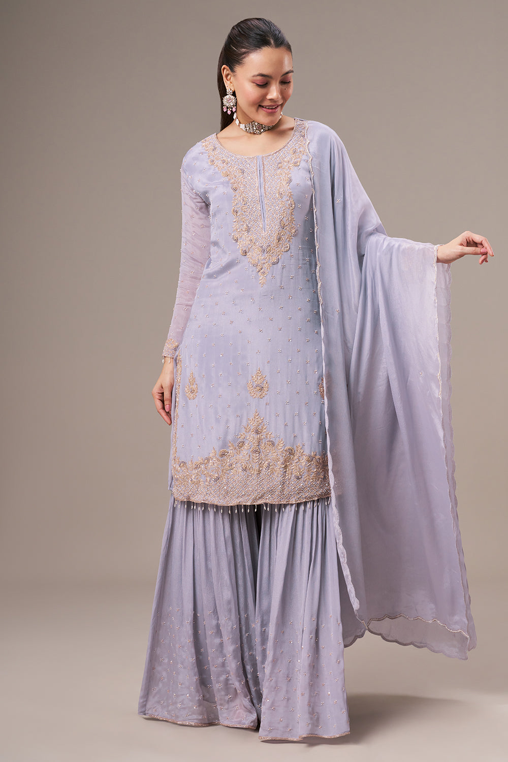 Lavender Chinon Sharara Suit with Resham and Cutdana Work