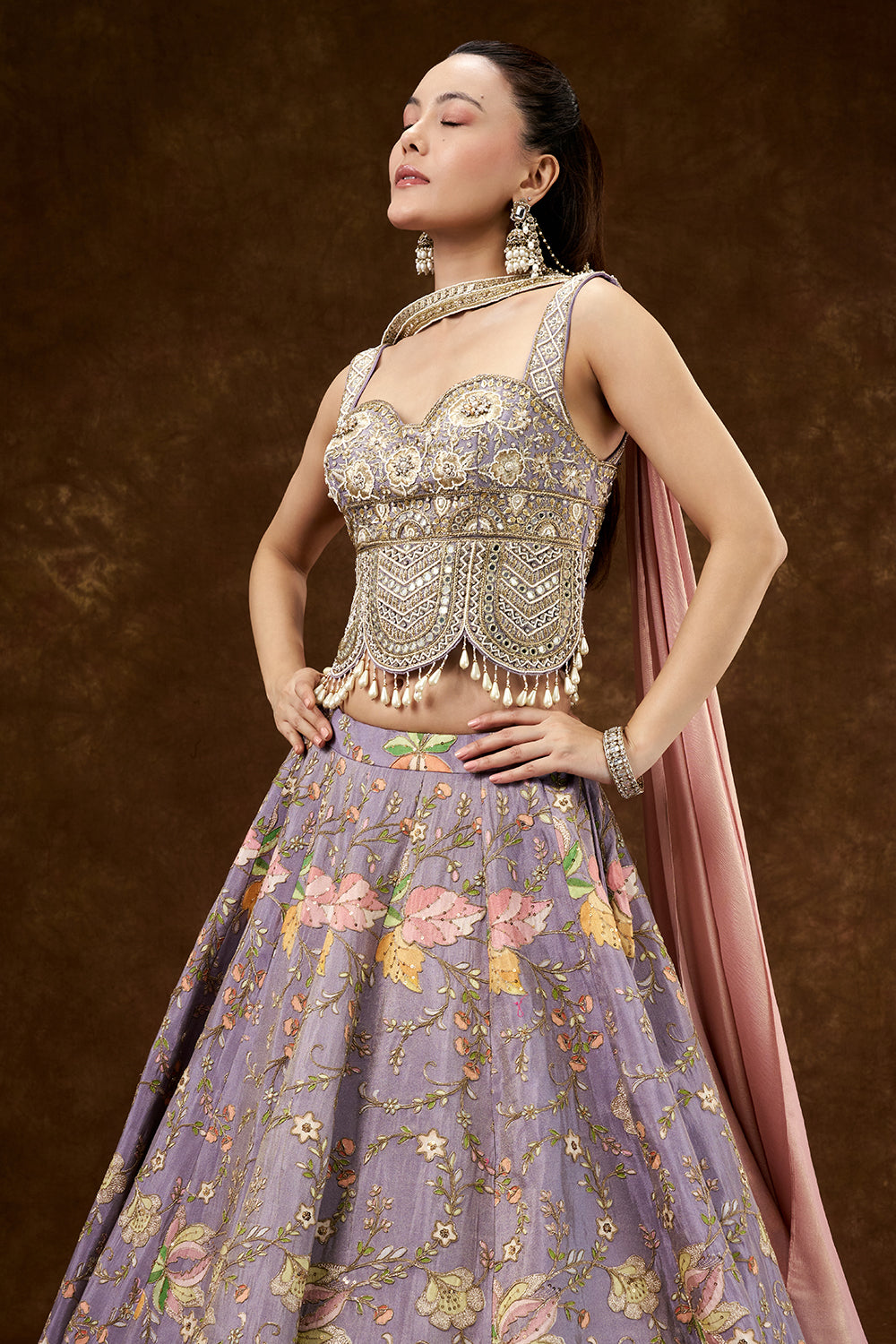 Lavender Crepe Shimmer Lehenga with Floral Print and Zari Work