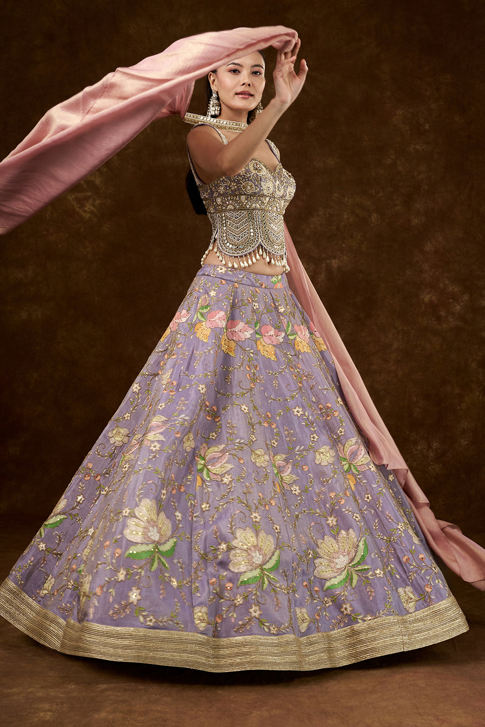 Lavender Crepe Shimmer Lehenga with Floral Print and Zari Work