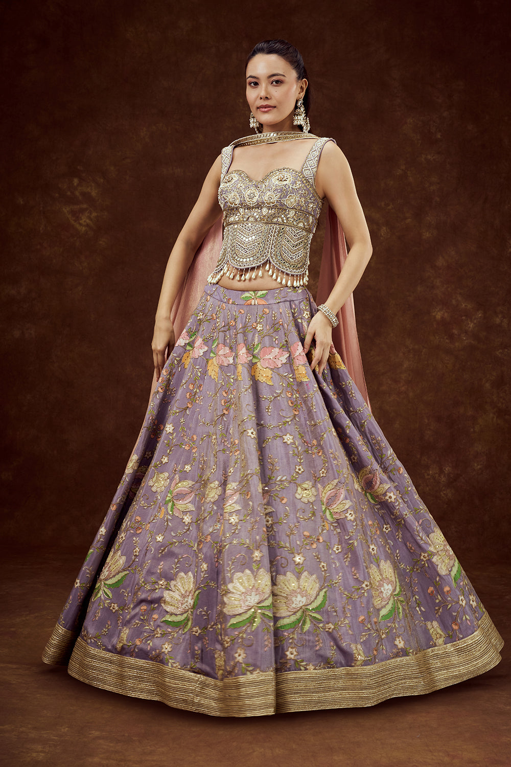 Lavender Crepe Shimmer Lehenga with Floral Print and Zari Work