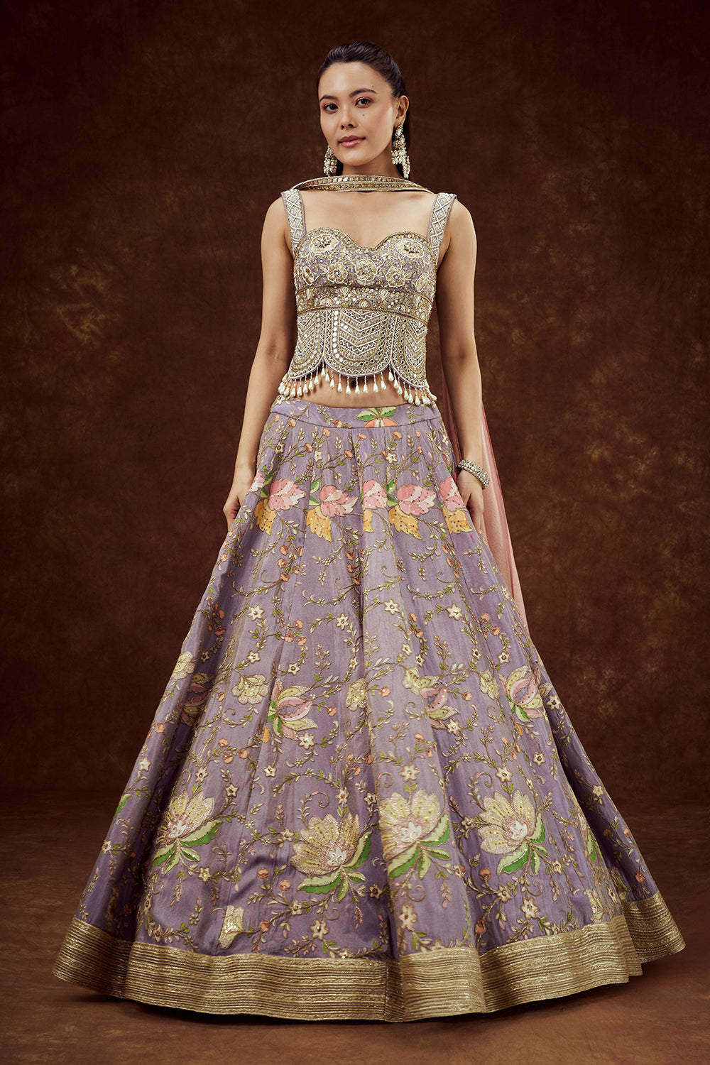 Lavender Crepe Shimmer Lehenga with Floral Print and Zari Work