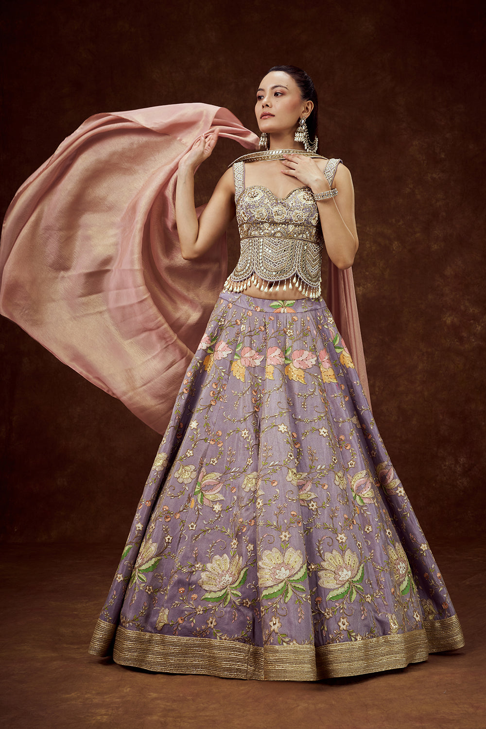 Lavender Crepe Shimmer Lehenga with Floral Print and Zari Work