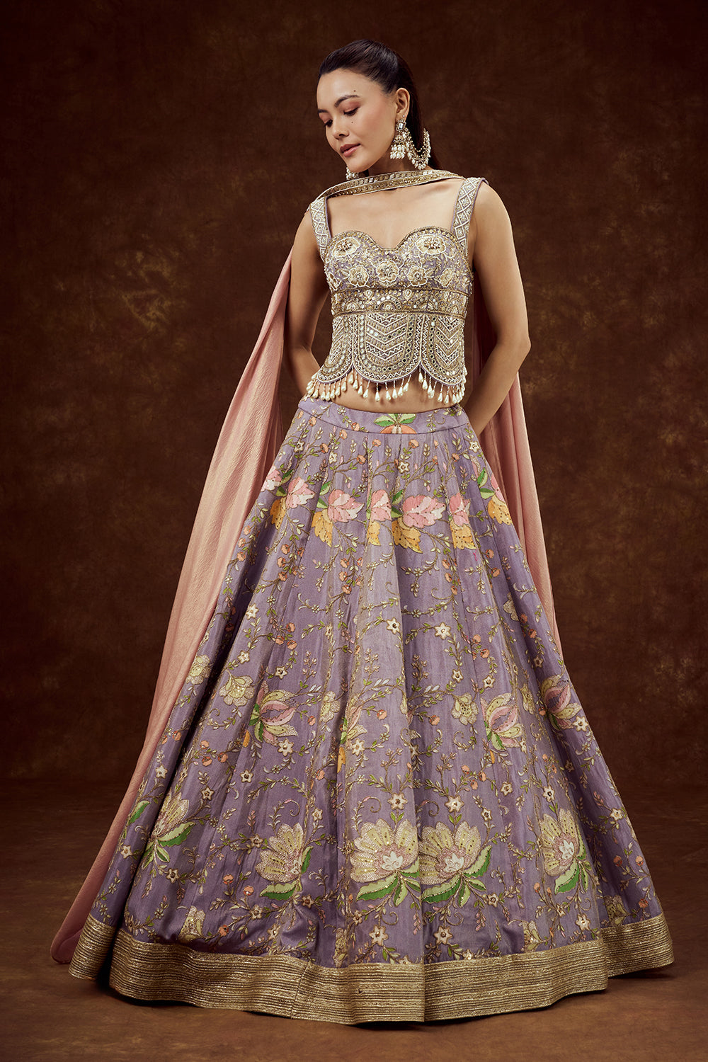 Lavender Crepe Shimmer Lehenga with Floral Print and Zari Work