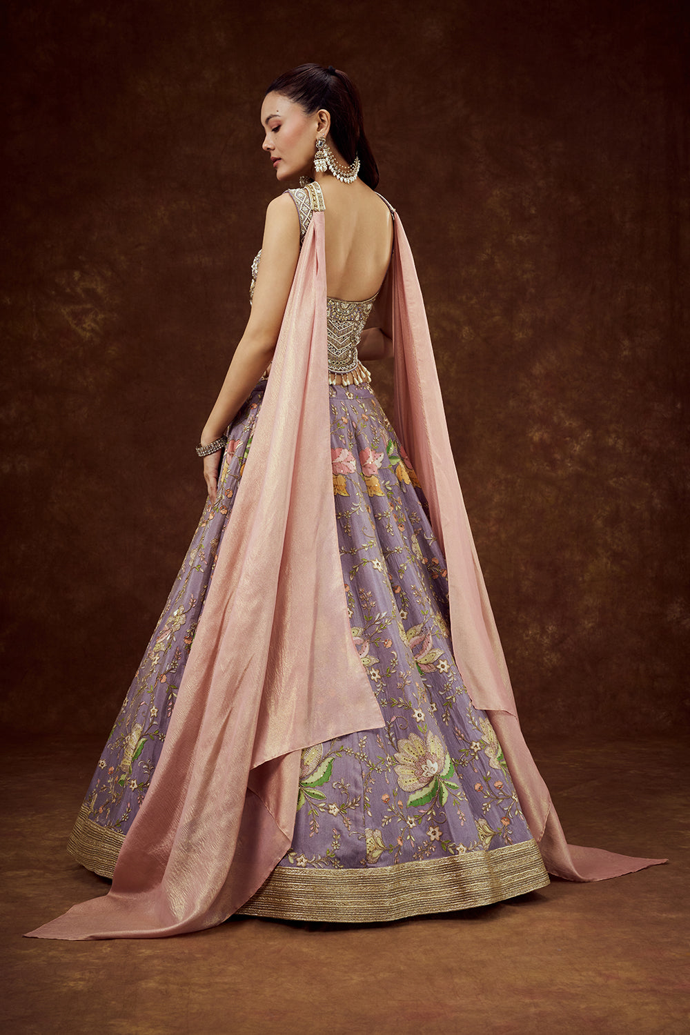 Lavender Crepe Shimmer Lehenga with Floral Print and Zari Work