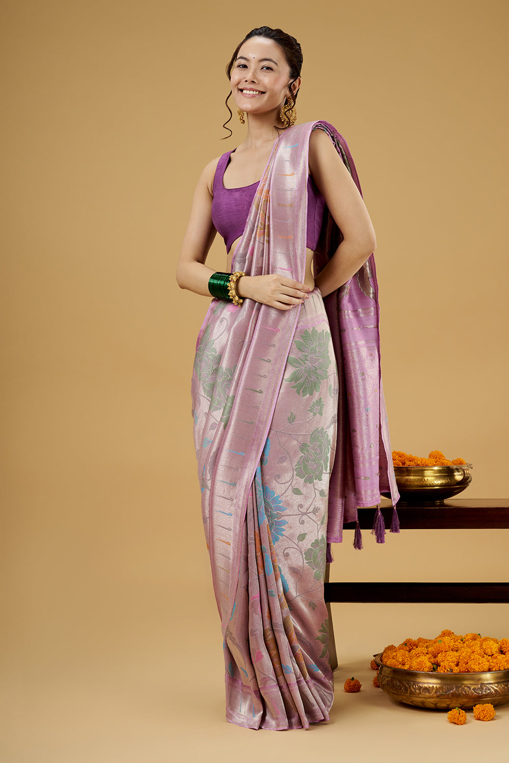 Lavender Dola Silk Saree with Zardosi Work