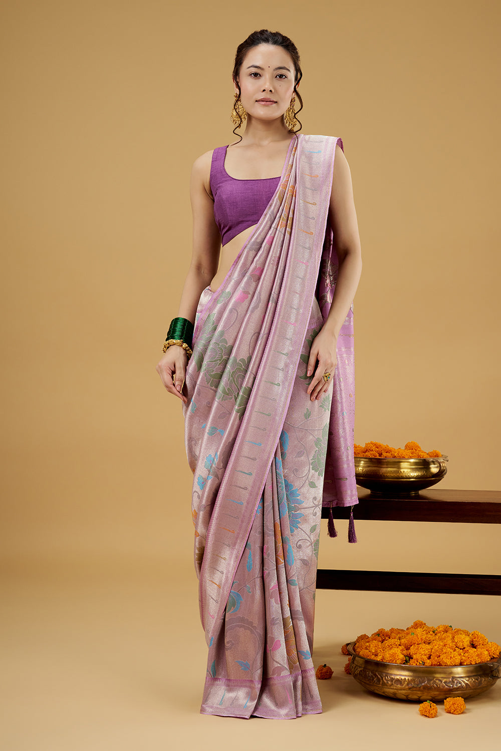 Lavender Dola Silk Saree with Zardosi Work