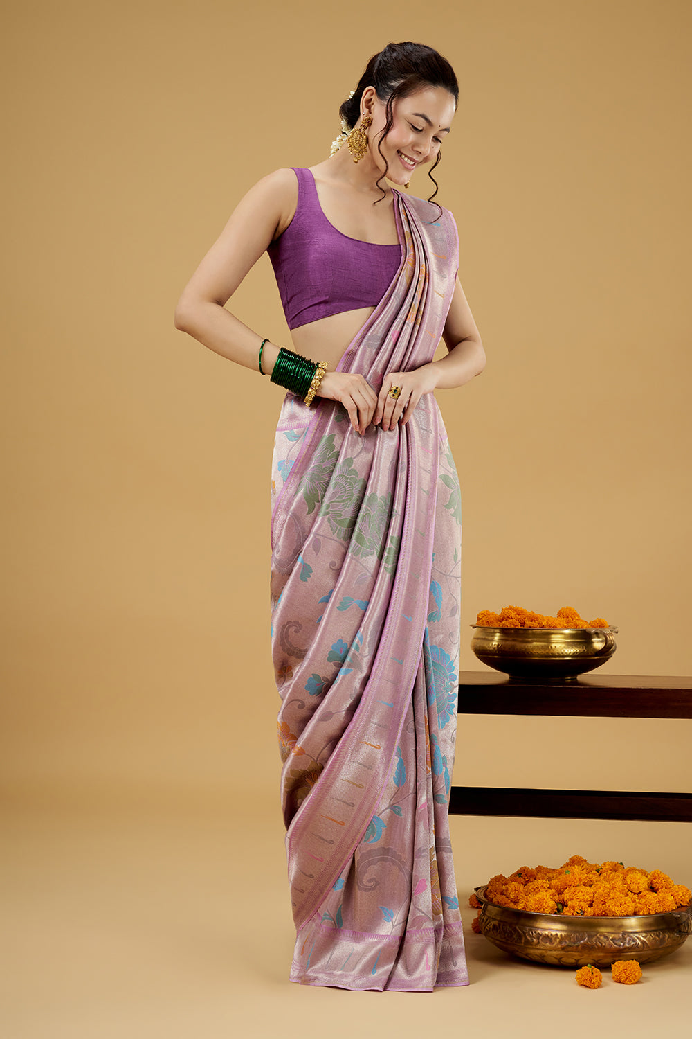 Lavender Dola Silk Saree with Zardosi Work