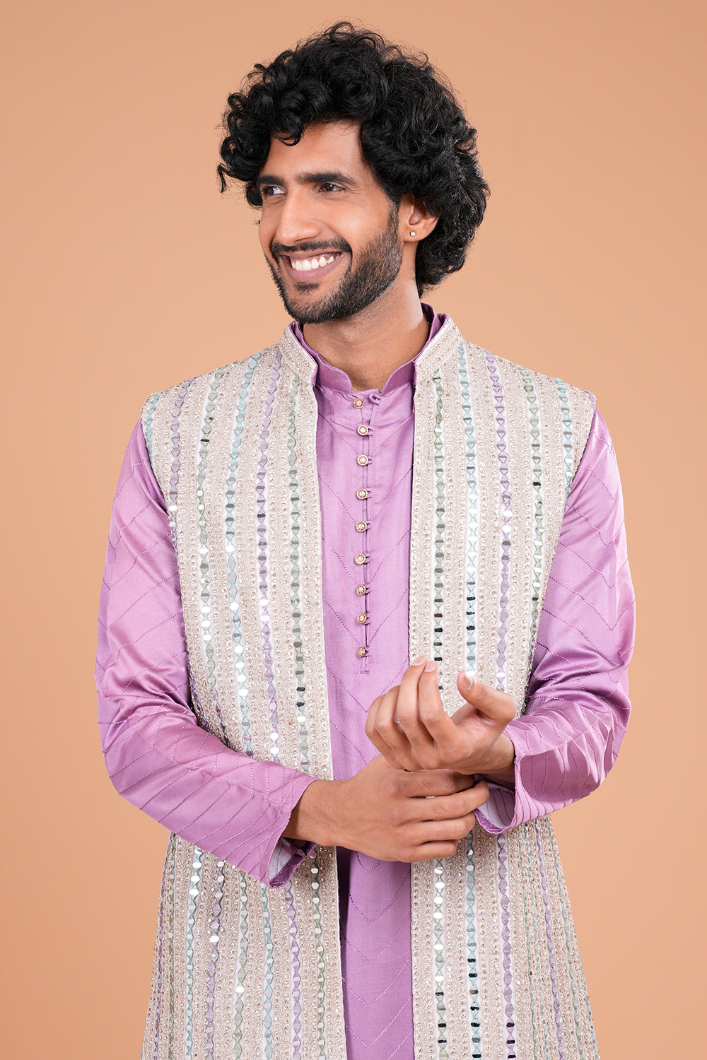 Lavender Elegance with Mirror Embellished Jacket Men's Kurta Set