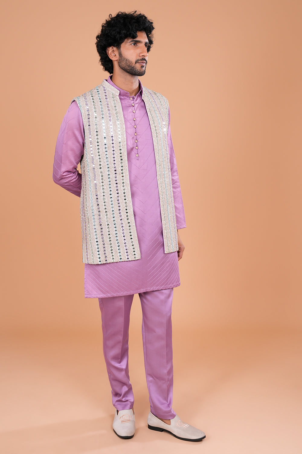 Lavender Elegance with Mirror Embellished Jacket Men's Kurta Set