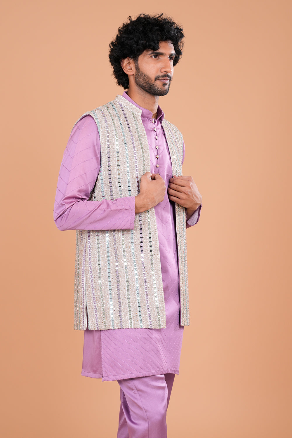 Lavender Elegance with Mirror Embellished Jacket Men's Kurta Set